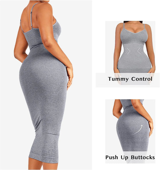 Amonyara Shapewear Long Dress with Built-In Bra: Seamless Bodycon, Tummy Control, Butt Lifter, Thigh Slimmer