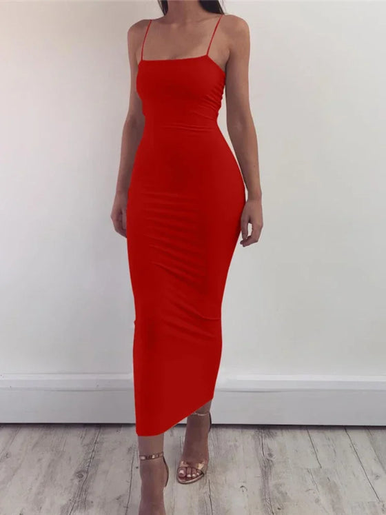 Amonyara - Sexy Elegant Maxi Bodycon Dress - Women Spaghetti Strap Solid Color Sleeveless Form Hugging Dress