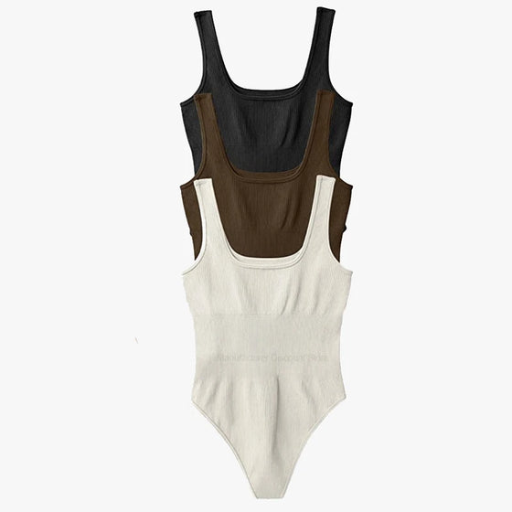 Amonyara - Sculpted Elegance: Seamless Square Neck Bodysuit Shapewear with Tummy Control and Thong Design